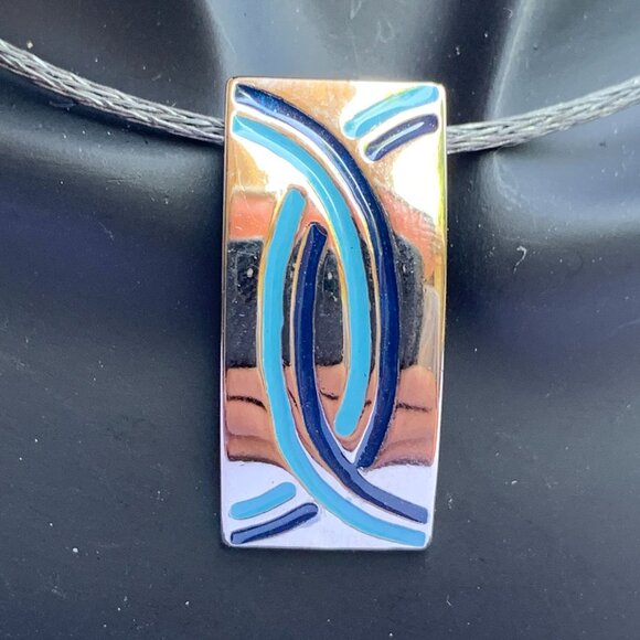 Silver-Tone Abstract Pendant With Blue Enamel Design - Picture 5 of 10